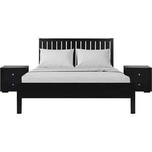 Graham Wooden Platform Bed in Black Queen with 2 Nightstands
