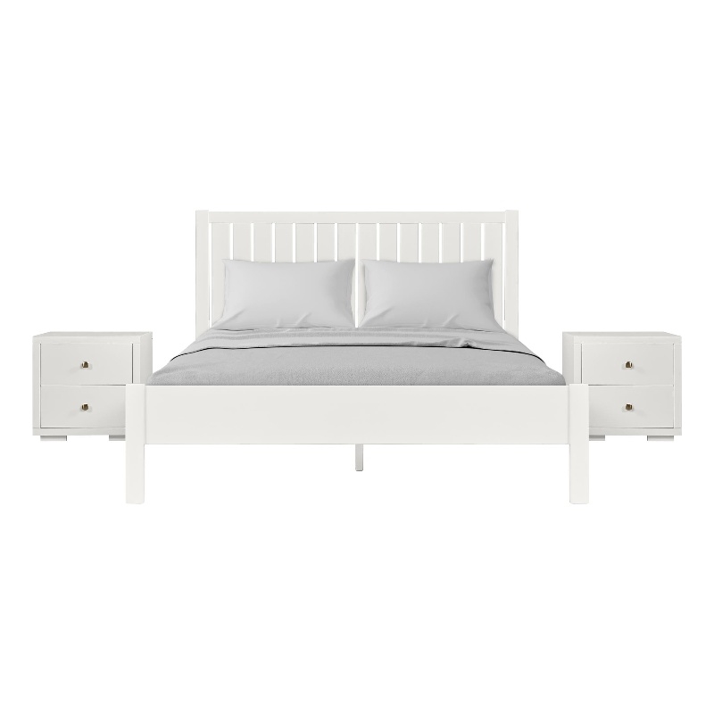 Graham Wooden Platform Bed in White King with 2 Nightstands