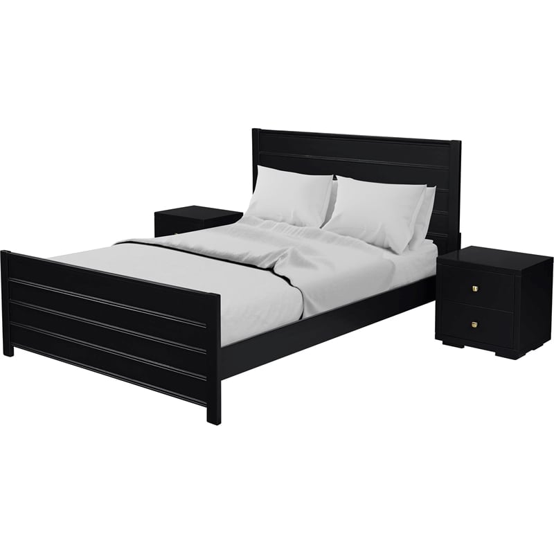 Caroline Wooden Platform Bed in Black Queen with 2 Nightstands