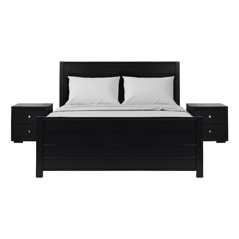 Caroline Wooden Platform Bed in Black Queen with 2 Nightstands