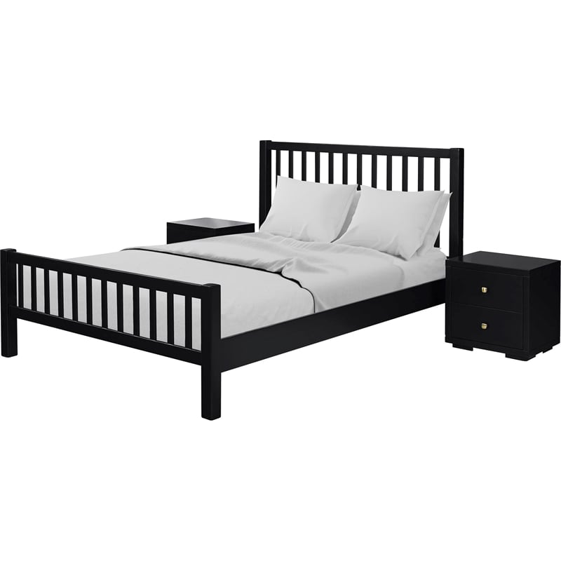 Hampton Wooden Platform Bed in Black Queen with 2 Nightstands