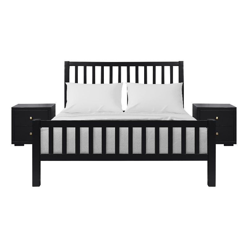 Hampton Wooden Platform Bed in Black Queen with 2 Nightstands