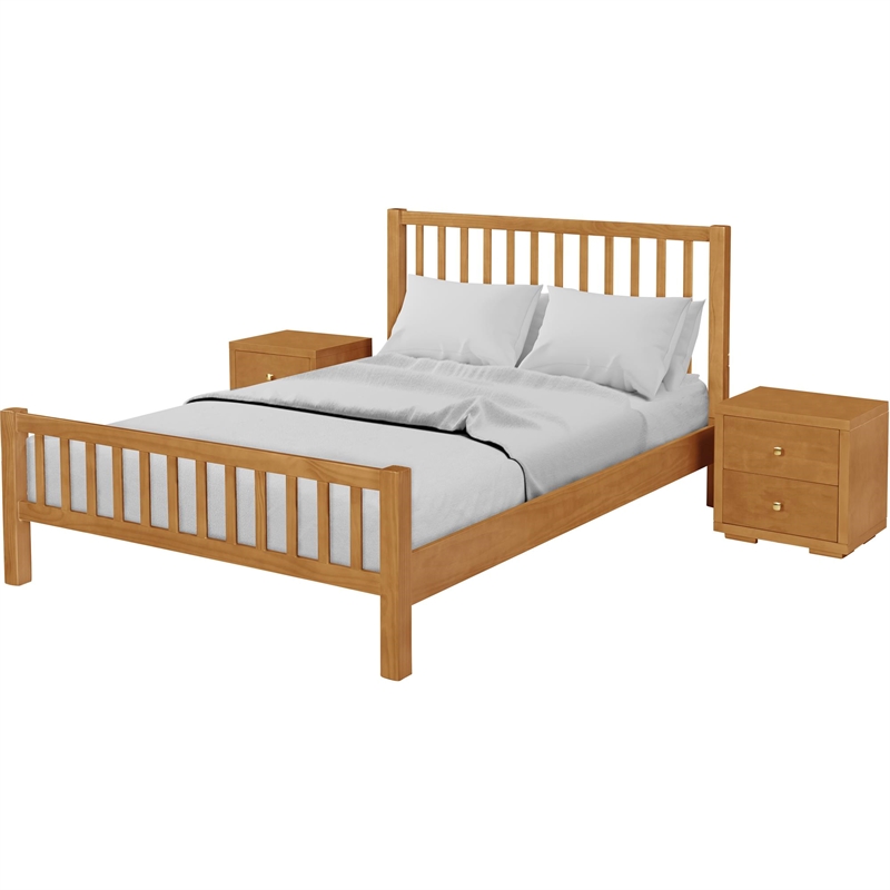 Hampton Wooden Platform Bed in Oak King with 2 Nightstands