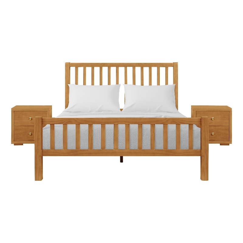 Hampton Wooden Platform Bed in Oak King with 2 Nightstands