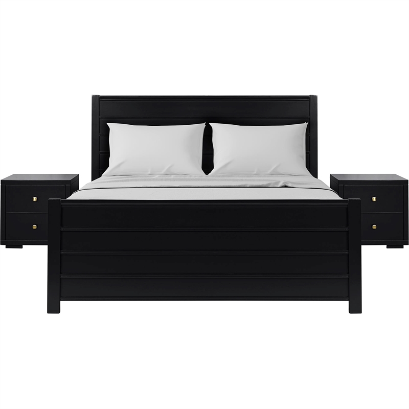 Caroline Wooden Platform Bed in Black King with 2 Nightstands
