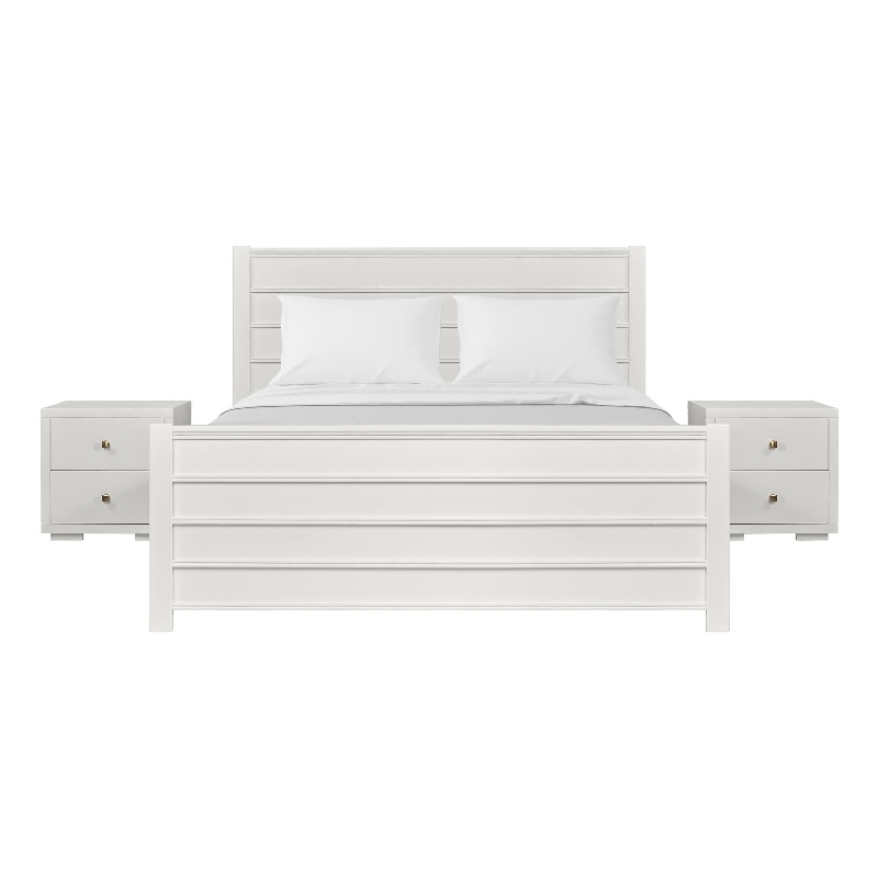 Caroline Wooden Platform Bed in White Queen with 2 Nightstands