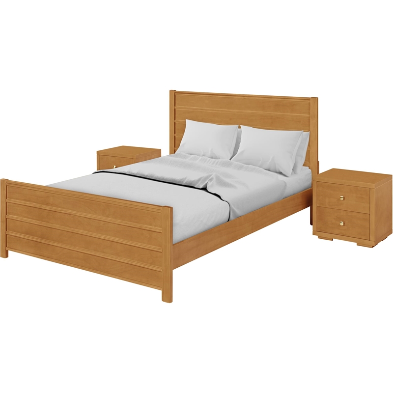 Caroline Wooden Platform Bed in Oak Queen with 2 Nightstands
