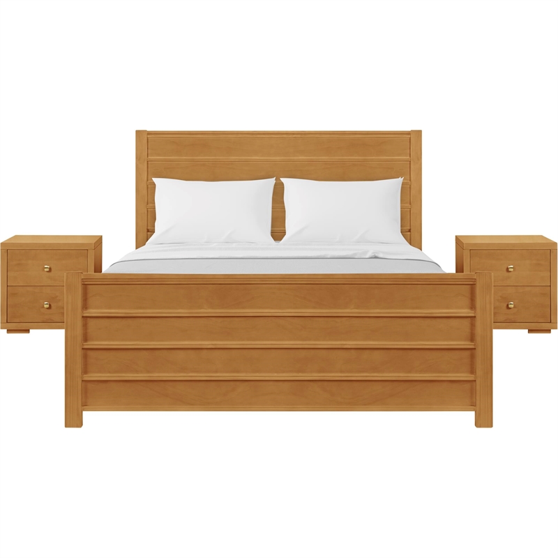 Caroline Wooden Platform Bed in Oak King with 2 Nightstands