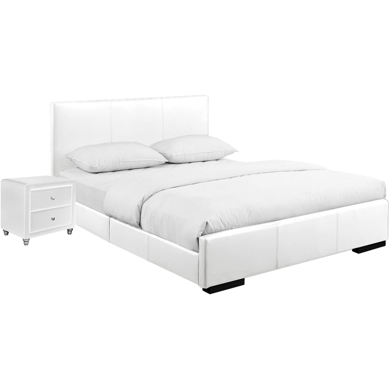 Hindes Upholstered Platform Bed White Queen with 1 Nightstand