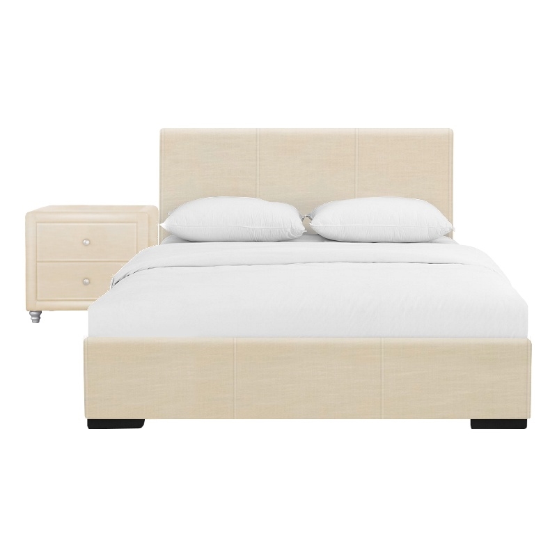 Hindes Upholstered Platform Bed Beige Queen with 1 Nightstand