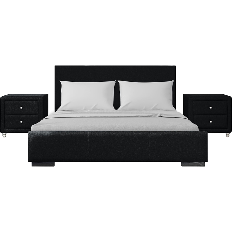 Hindes Upholstered Platform Bed Black Upholstered Queen with 2 Nightstands