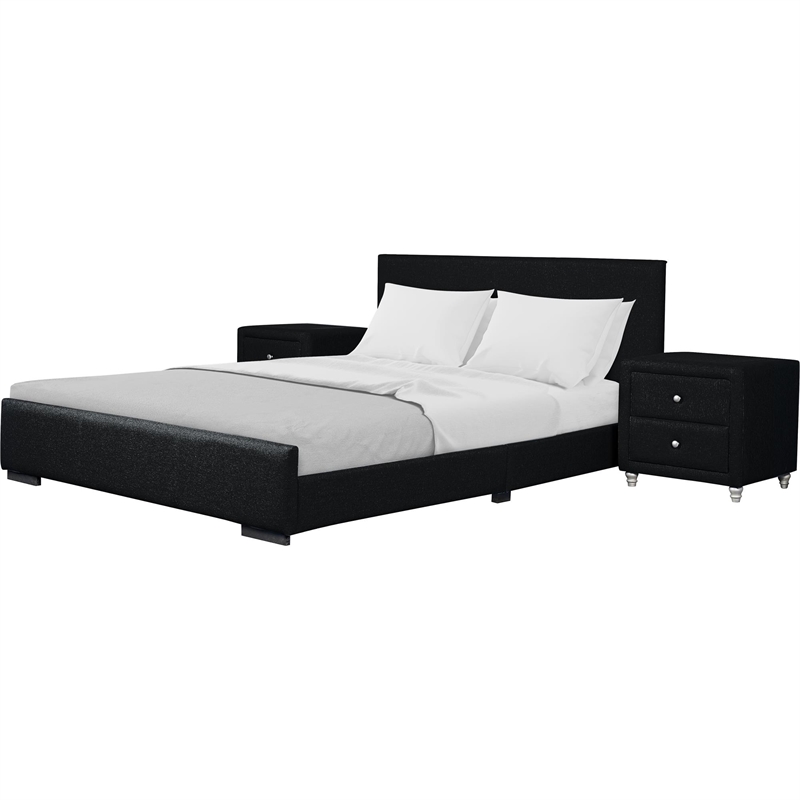 Hindes Upholstered Platform Bed Black Upholstered King with 2 Nightstands