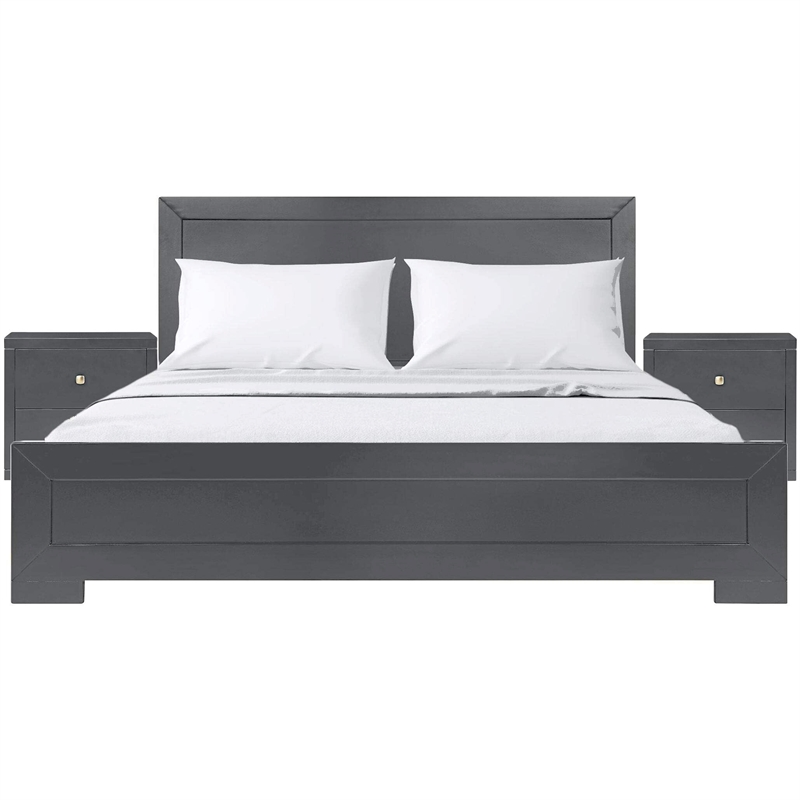 Trent Wooden Platform Bed in Charcoal King with 2 Nightstands
