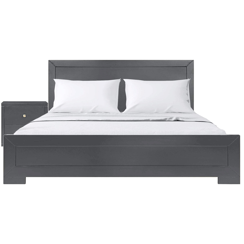 Trent Wooden Platform Bed in Charcoal King with 1 Nightstands