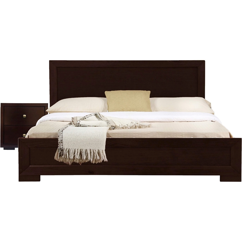 Trent Wooden Platform Bed in Espresso Queen with 1 Nightstand