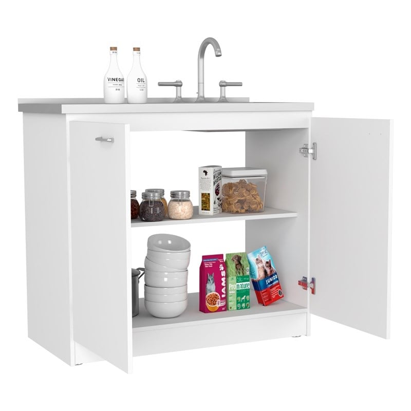 TuHome White Modern Engineered Wood Napoles Utility Sink with Cabinet