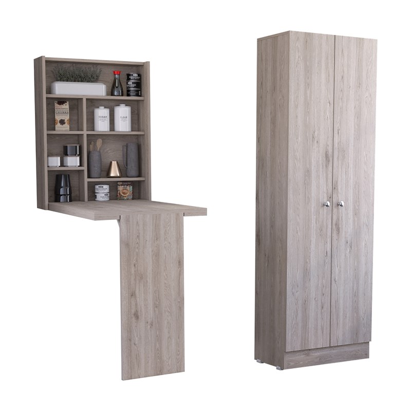 Milan 2 Piece Kitchen Set Kitchen Pantry and Floating Table Light Gray