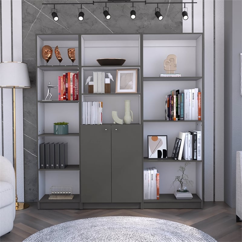 TUHOME Pooler 3 Piece Living Room Set with 3 Bookcases Matt Gray  White