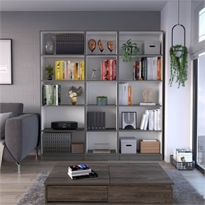 TUHOME Duette 3 Piece Living Room Set with 3 Bookcases Matt Gray  White