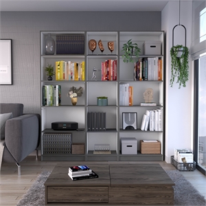 TUHOME Lutz 3 Piece Living Room Set with 3 Bookcases Matt Gray  White