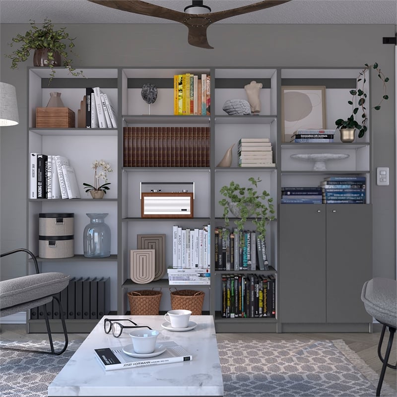 TUHOME Dixie 4 Piece Living Room Set with 4 Bookcases Matt Gray  white