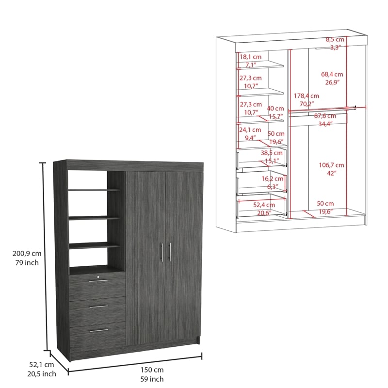 Tuhome Furniture Kenya Engineered Wood 3-Drawers Bedroom Armoire in Smokey Oak