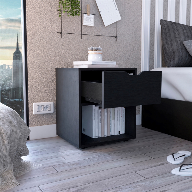 TUHOME Aberdeen Nightstand  Black Engineered Wood 1 drawer