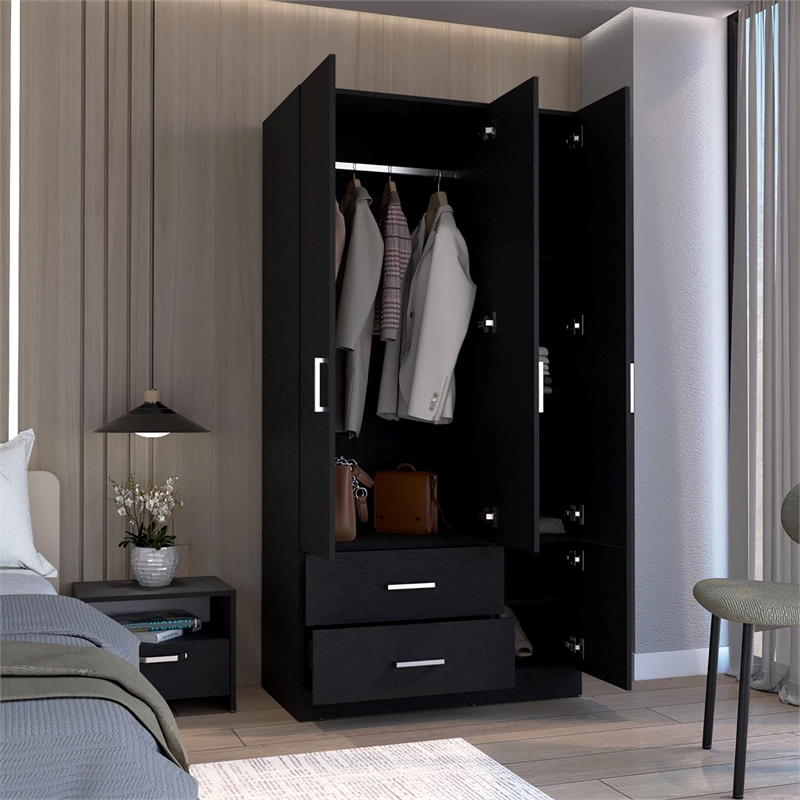 Tuhome Furniture Sebree Engineered Wood 4-Doors Bedroom Armoire in Black