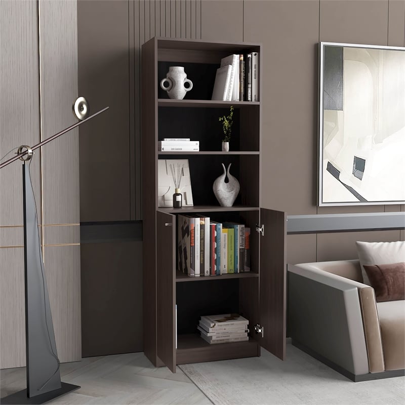 Tuhome Home Two Door 2 Open Shelves Bookcase in Borwn