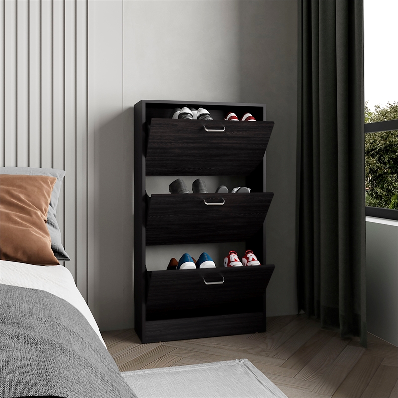 Tuhome Inola High 3-Tier Pull Down Shoe Rack in Black