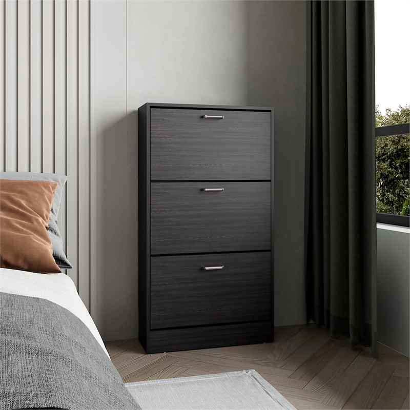 Tuhome Inola High 3-Tier Pull Down Shoe Rack in Black