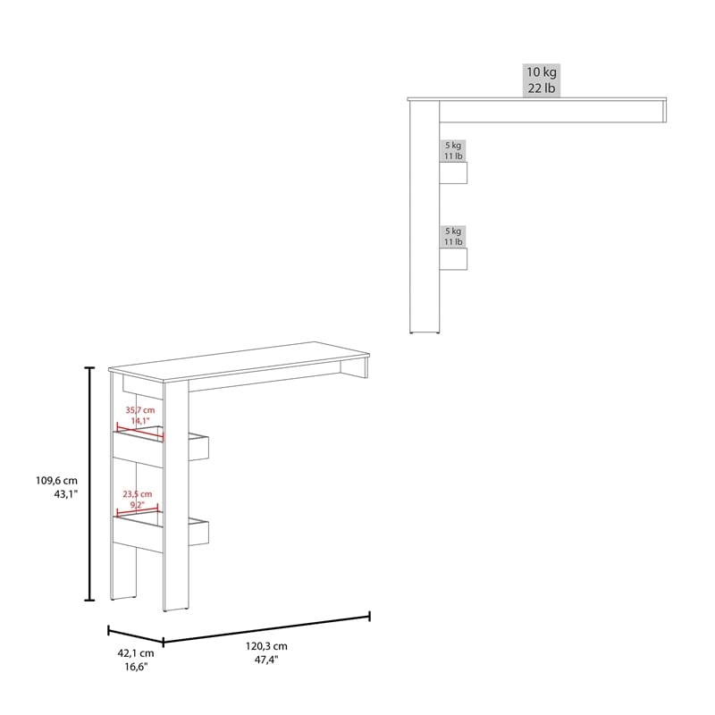 Tuhome Aurora Kitchen Counter Table with Storage Shelf in White
