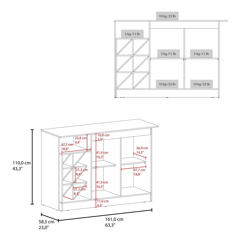 Tuhome Lugano Kitchen Island with Open Shelves in Multicolor