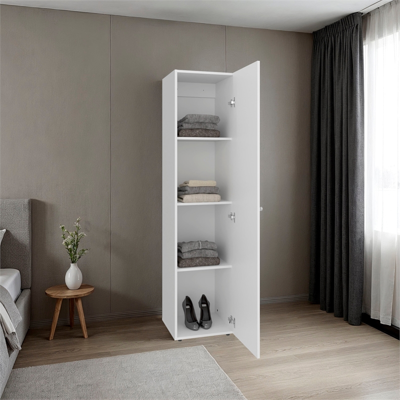 Home Linen Tall Cabinet with Single Door and One Mirror Engineered Wood White