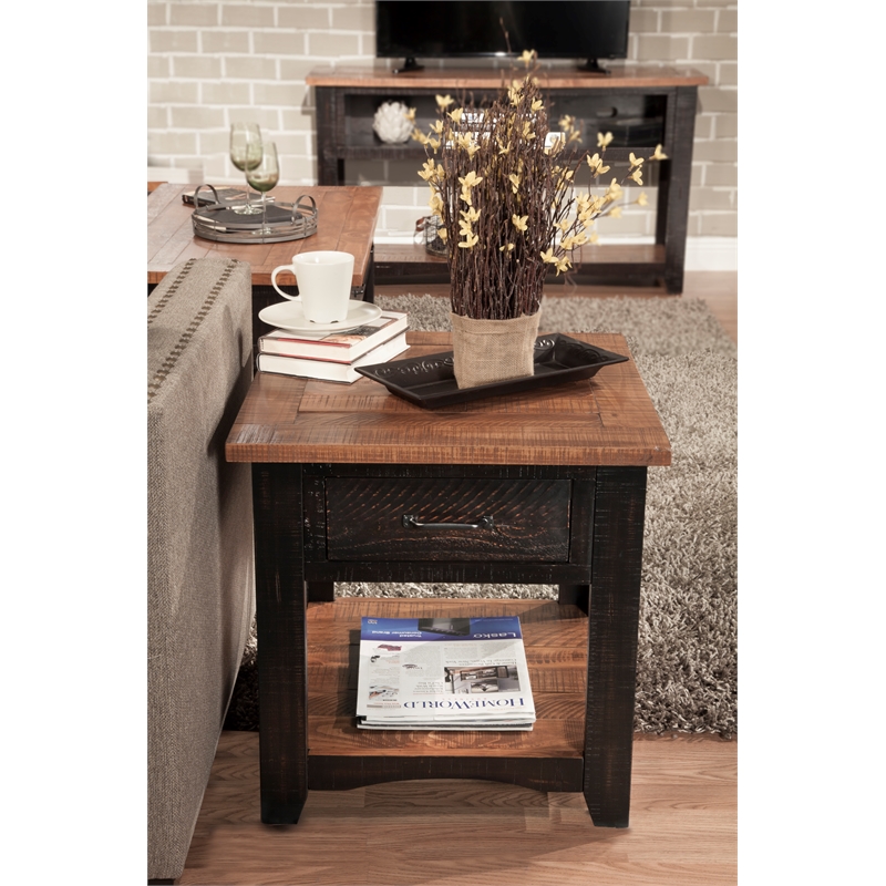 Martin Svensson Home Rustic Wood 1 Drawer End Table Antique Black and Honey