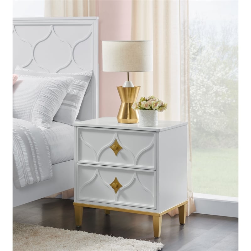 Martin Svensson Home Emma 2 Drawer White and Gold Nightstand w/Security Lock