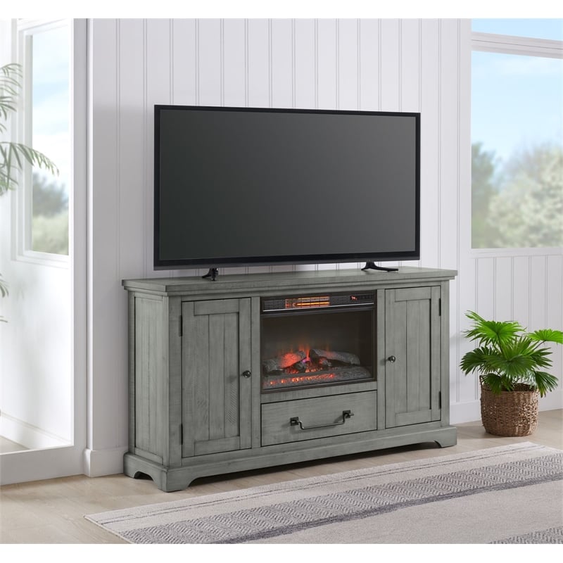 Beach House Solid Wood Dove Gray TV Stand with Electric Fireplace