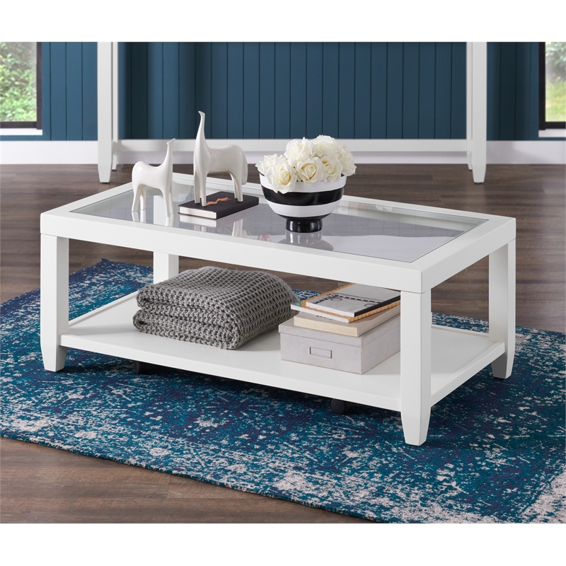 Cordero Wood and Glass Top White Coffee Table with Shelf Storage