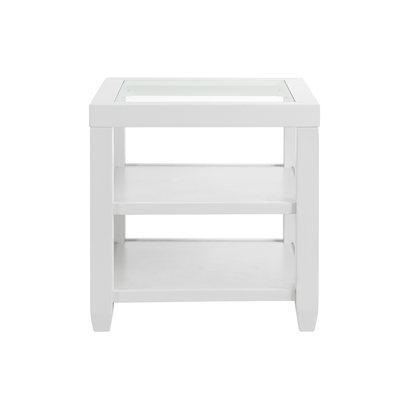 Cordero Wood and Glass Top White End Table with Shelves Storage