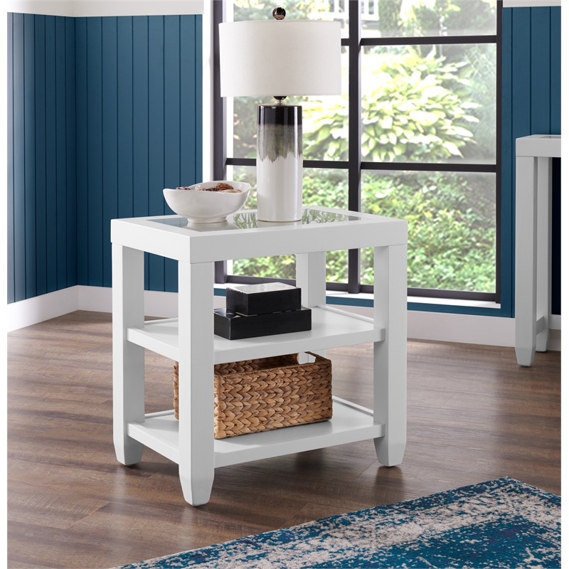 Cordero Wood and Glass Top White Chairside End Table with Shelves Storage