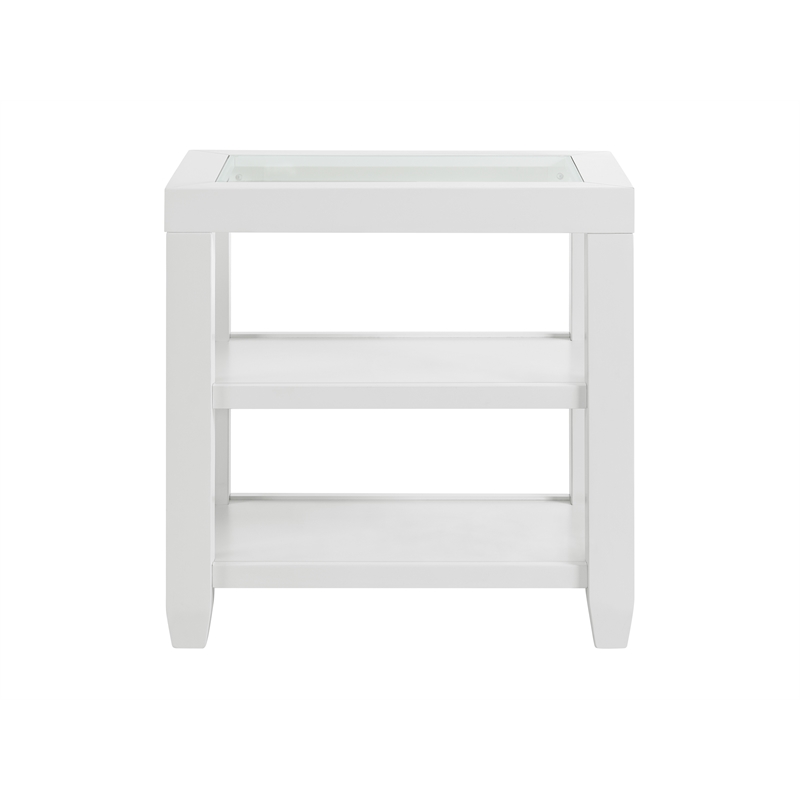 Cordero Wood and Glass Top White Chairside End Table with Shelves Storage