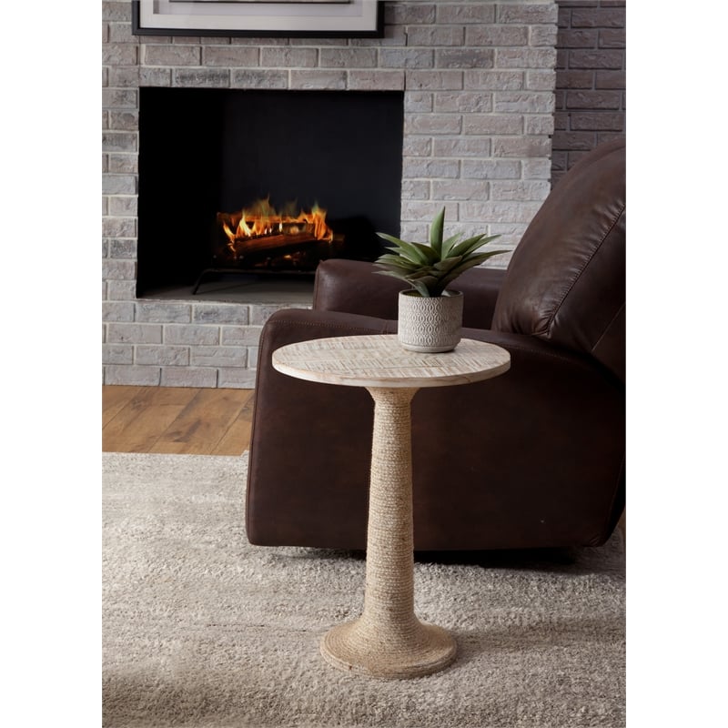 Martin Svensson Home Abbott Round Solid Wood and Jute End Table in Whitewash
