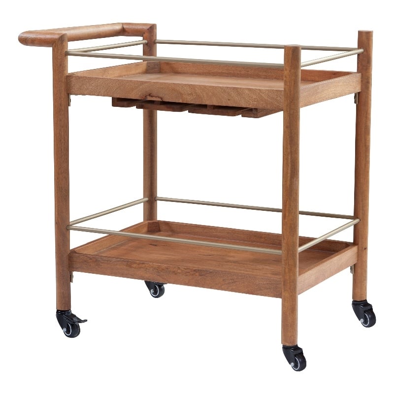 Nouveau 2 Shelf Nutmeg Solid Wood Bar Cart with Stemware Storage