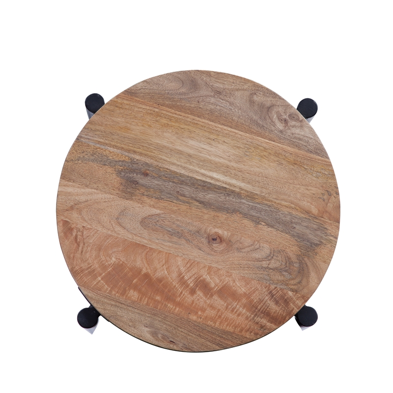 Florence Natural Solid Wood Top and Black Metal Base Round End Table