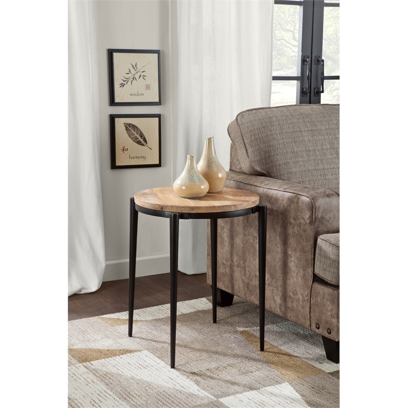Florence Natural Solid Wood Top and Black Metal Base Round End Table