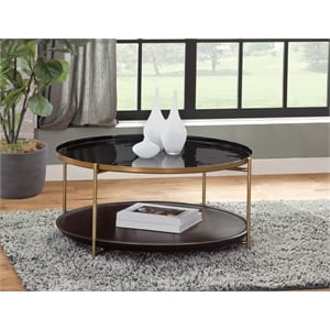 Stevie Round Enameled Black Metal and Wood Tray Top Coffee Table with Storage