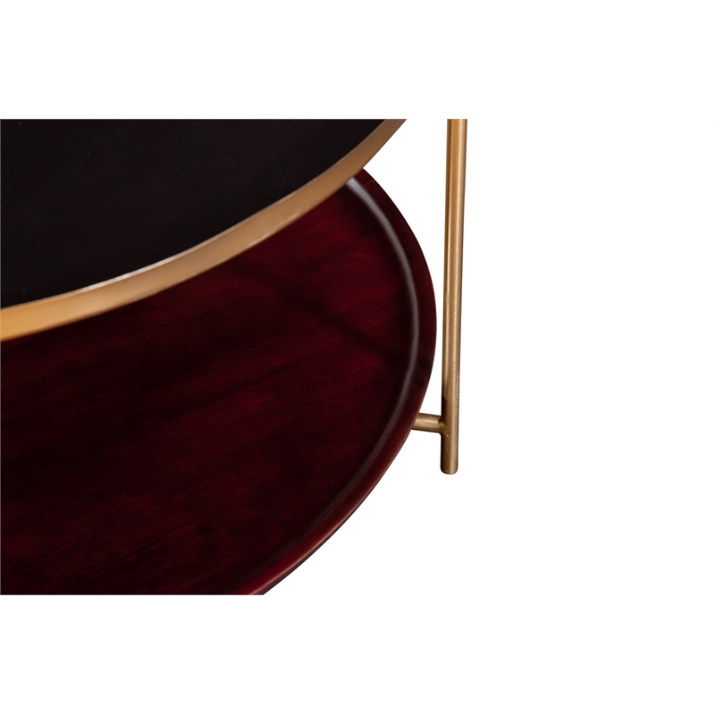 Stevie Round Enameled Black Metal and Wood Tray Top Coffee Table with Storage