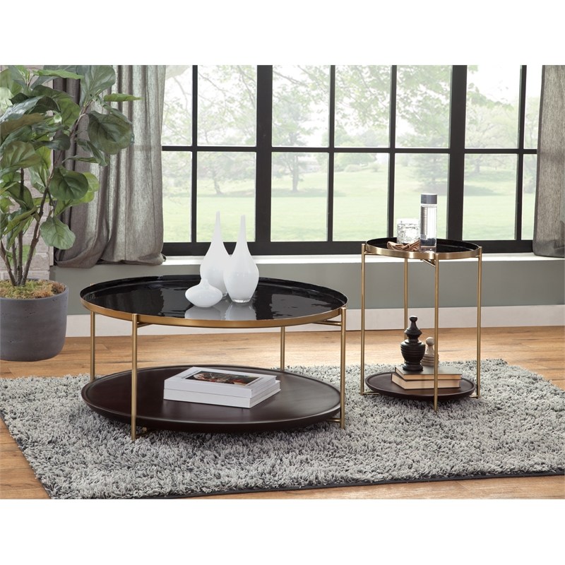 Stevie Round Enameled Black Metal and Wood Tray Top Coffee Table with Storage