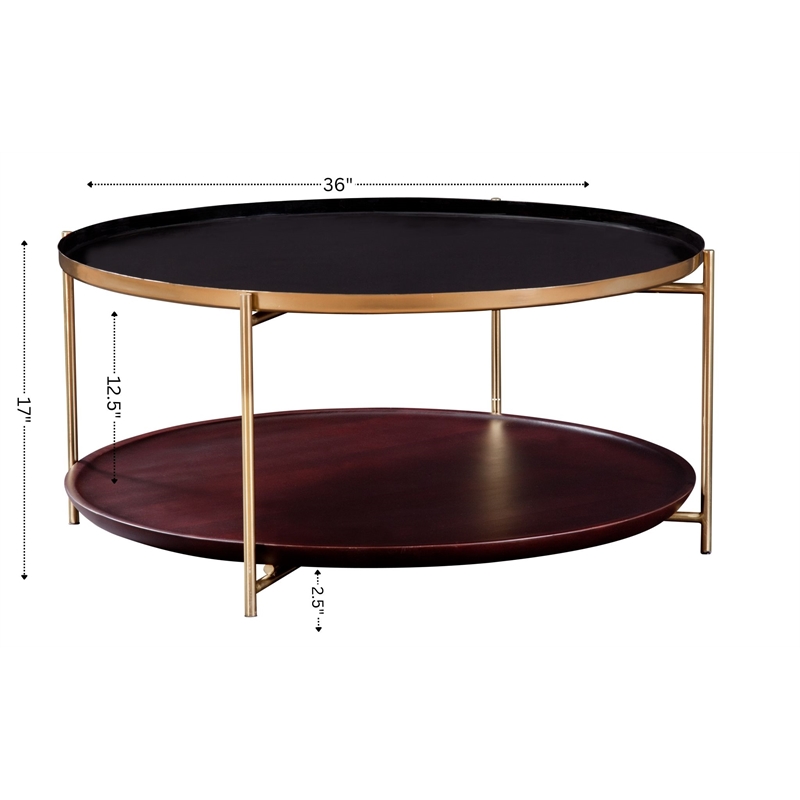 Stevie Round Enameled Black Metal and Wood Tray Top Coffee Table with Storage