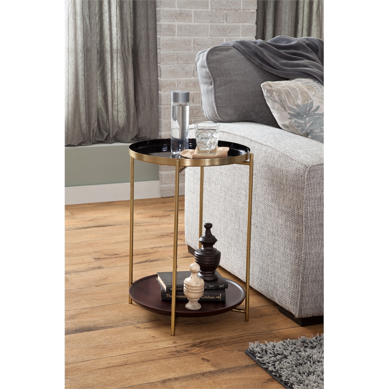 Stevie Round Enameled Black Metal and Wood Tray Top End Table with Storage
